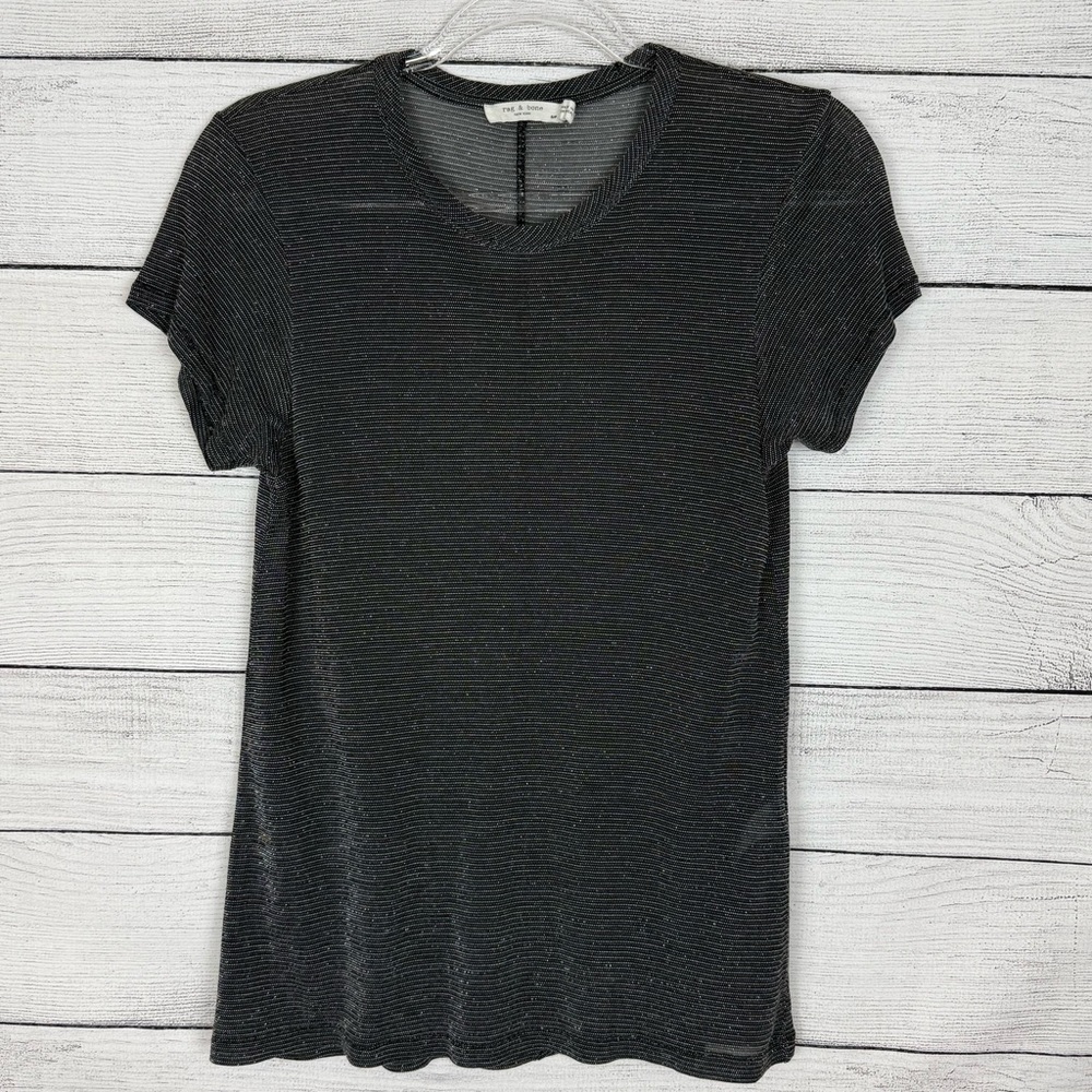 rag & bone Black Pinstripe Metallic Sparkle Short Sleeve Blouse Womens Sz Small